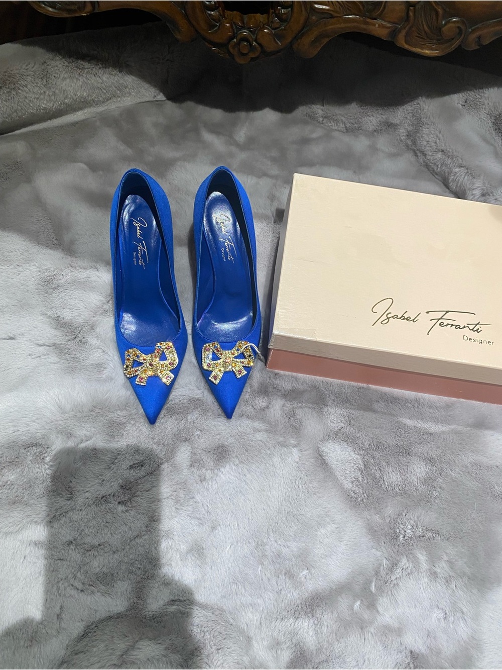 Royal Blue Pointed Toe Pumps with Crystal Bow